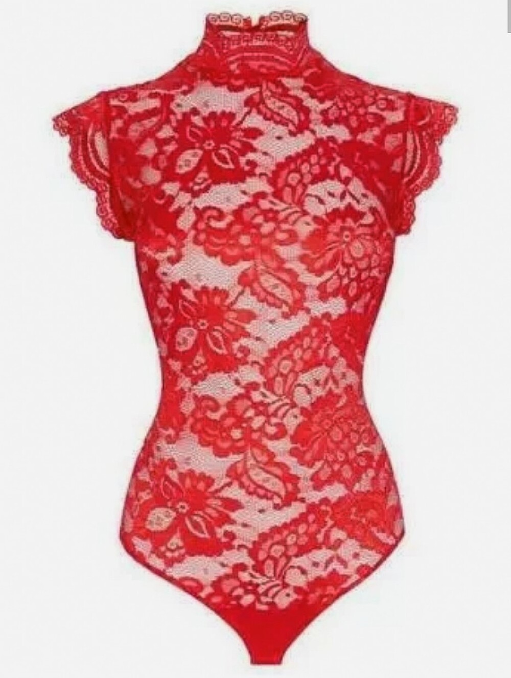 Red sheer lace high-neck bodysuit open lace-up back SMALL